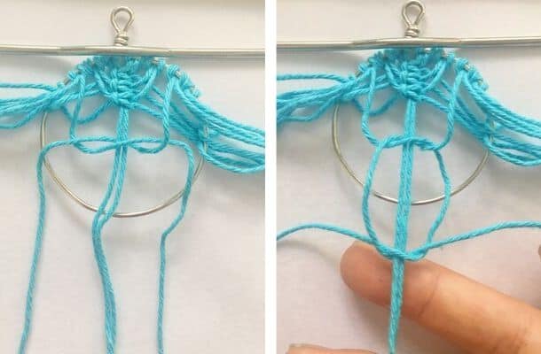 making macrame square knots on wire frame